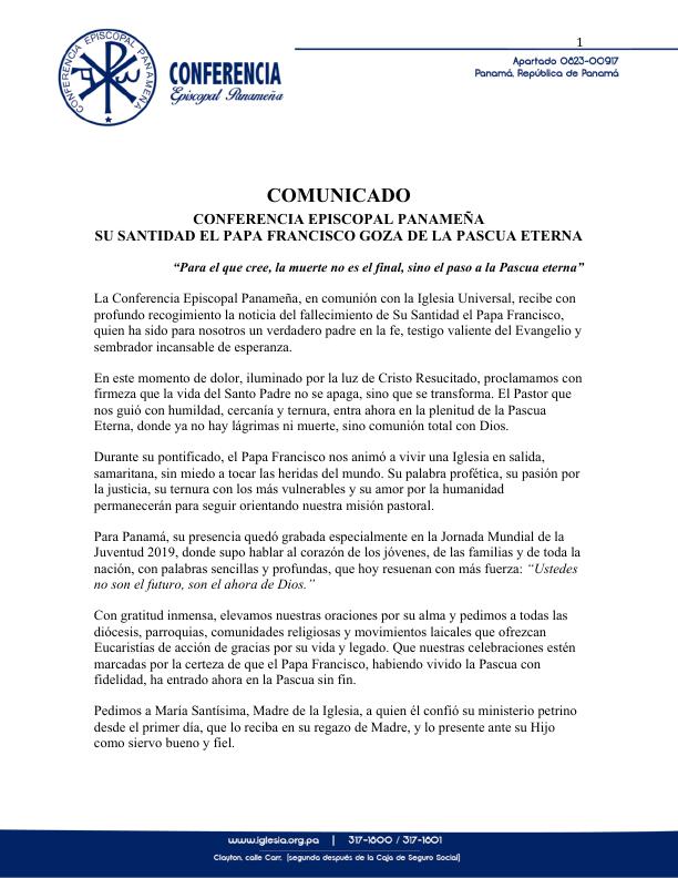 COMUNICADO ANTE FALLECIMIENTO DEL PAPA FRANCISCO